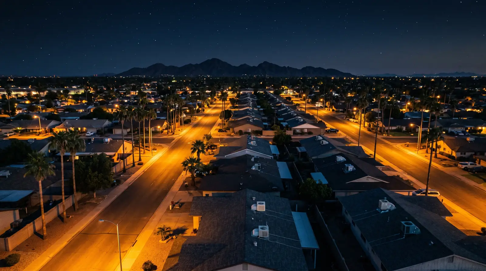 An aerial view of a Phoenix suburban street grid at night with lit streets and dark rooftops