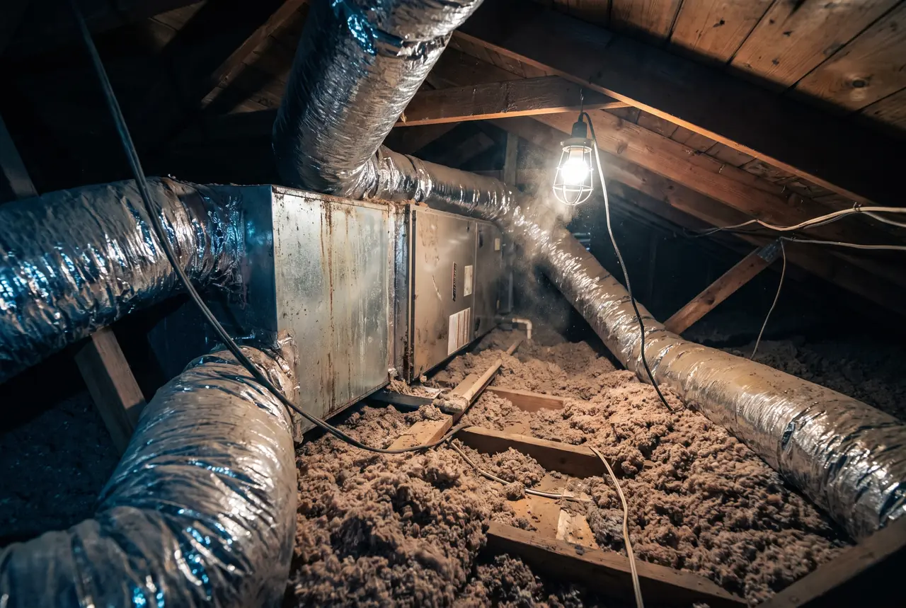 A metal air handler surrounded by flexible ductwork in a dark, dusty Arizona attic
