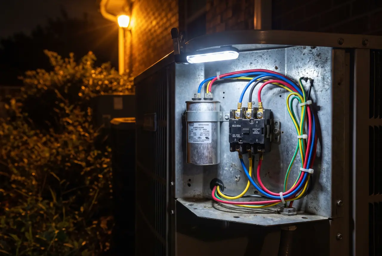 A run capacitor and contactor inside an opened outdoor condenser electrical panel