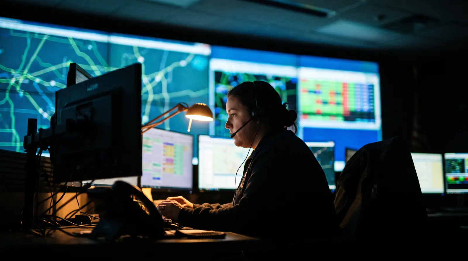 A dispatcher wearing a headset silhouetted against a wall of glowing monitors at night