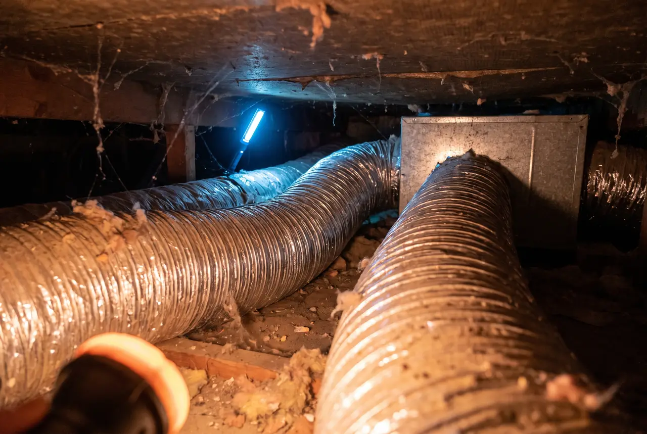 A run of insulated flexible ductwork and sheet metal plenum lit from the far end in a dark crawlspace