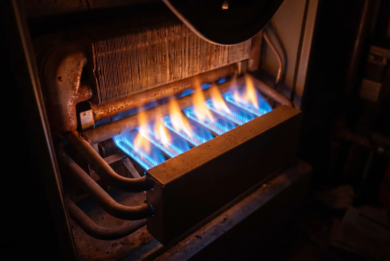Blue burner flames inside a gas furnace burner box in a dark garage