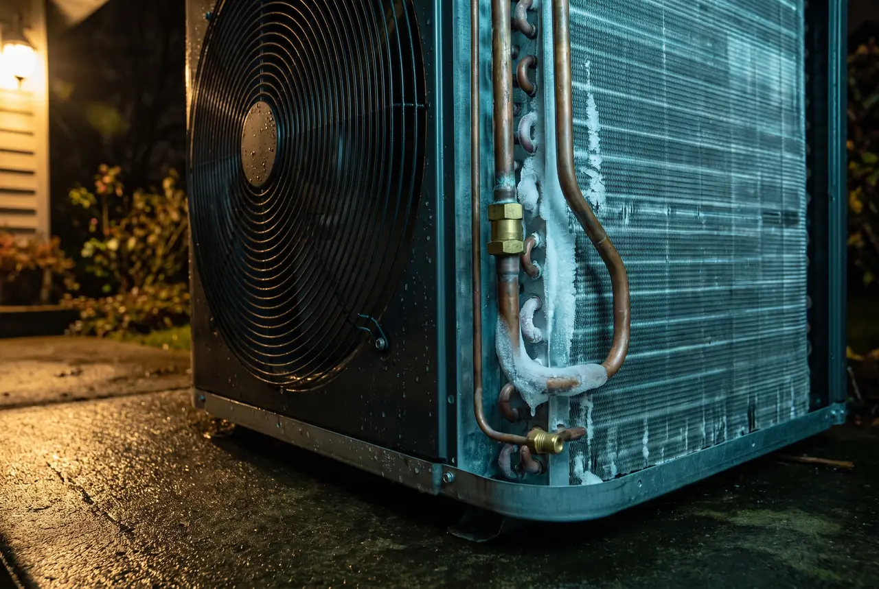 Close-up of a heat pump condenser coil and fan grille at night