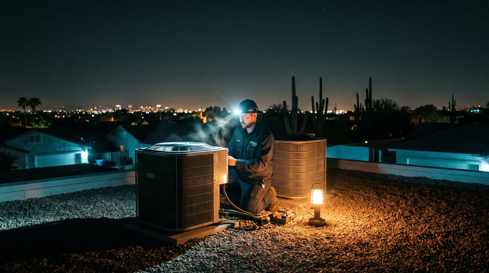 A technician with a headlamp working on residential condenser units on a Phoenix rooftop at night, city lights and saguaros on the horizon