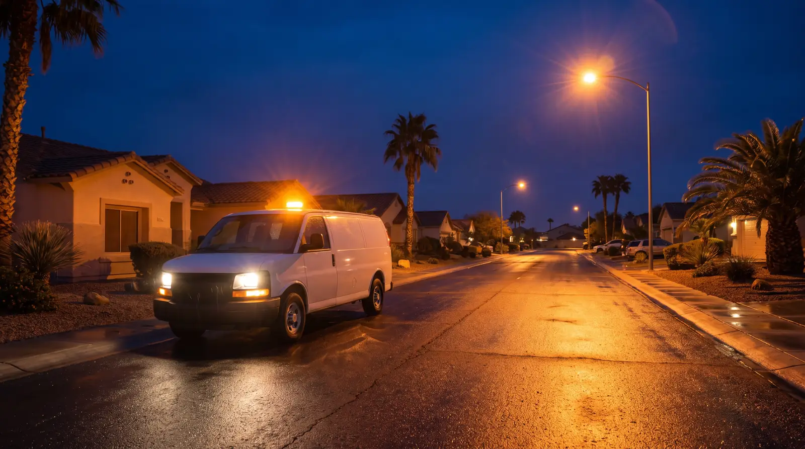 A service van on a residential desert street at night with headlights on