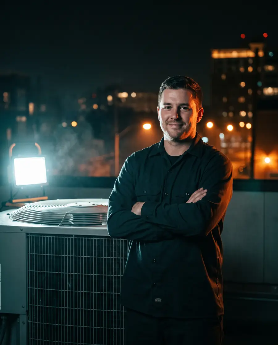 An HVAC technician standing beside a rooftop condenser at night, lit from one side