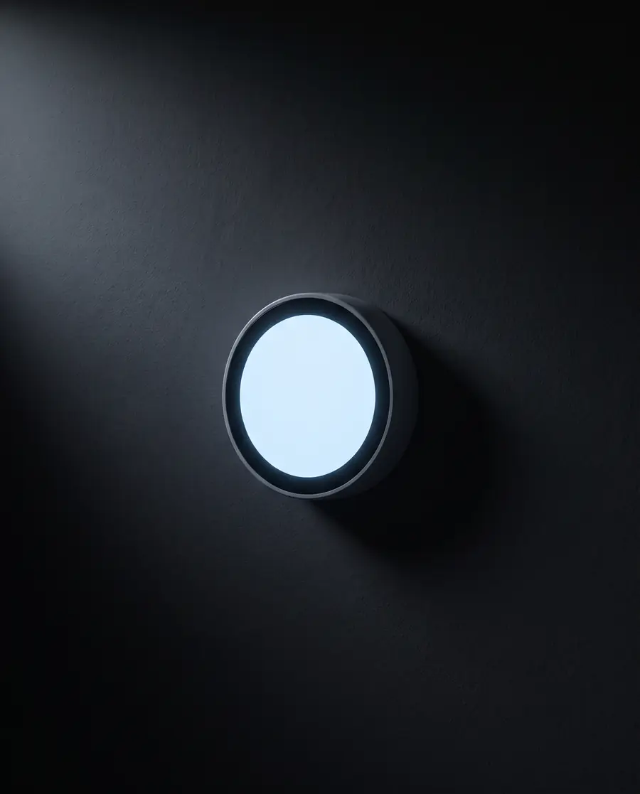 A smart thermostat glowing on a dark interior wall at night